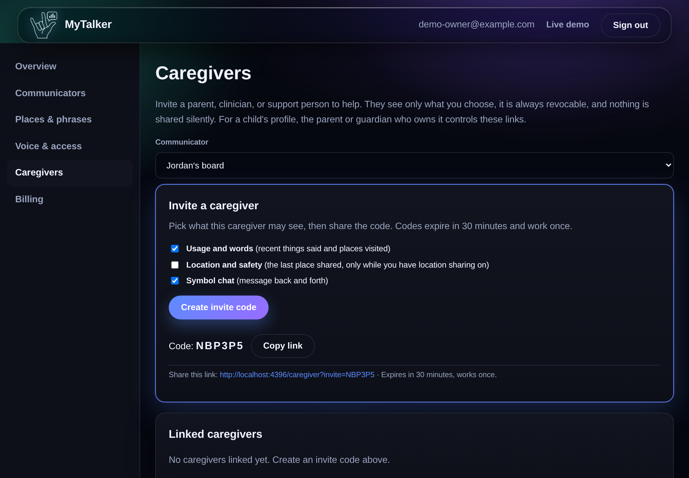 The MyTalker caregiver dashboard with an invite builder, scope checkboxes for usage, location, and chat, and a generated invite code