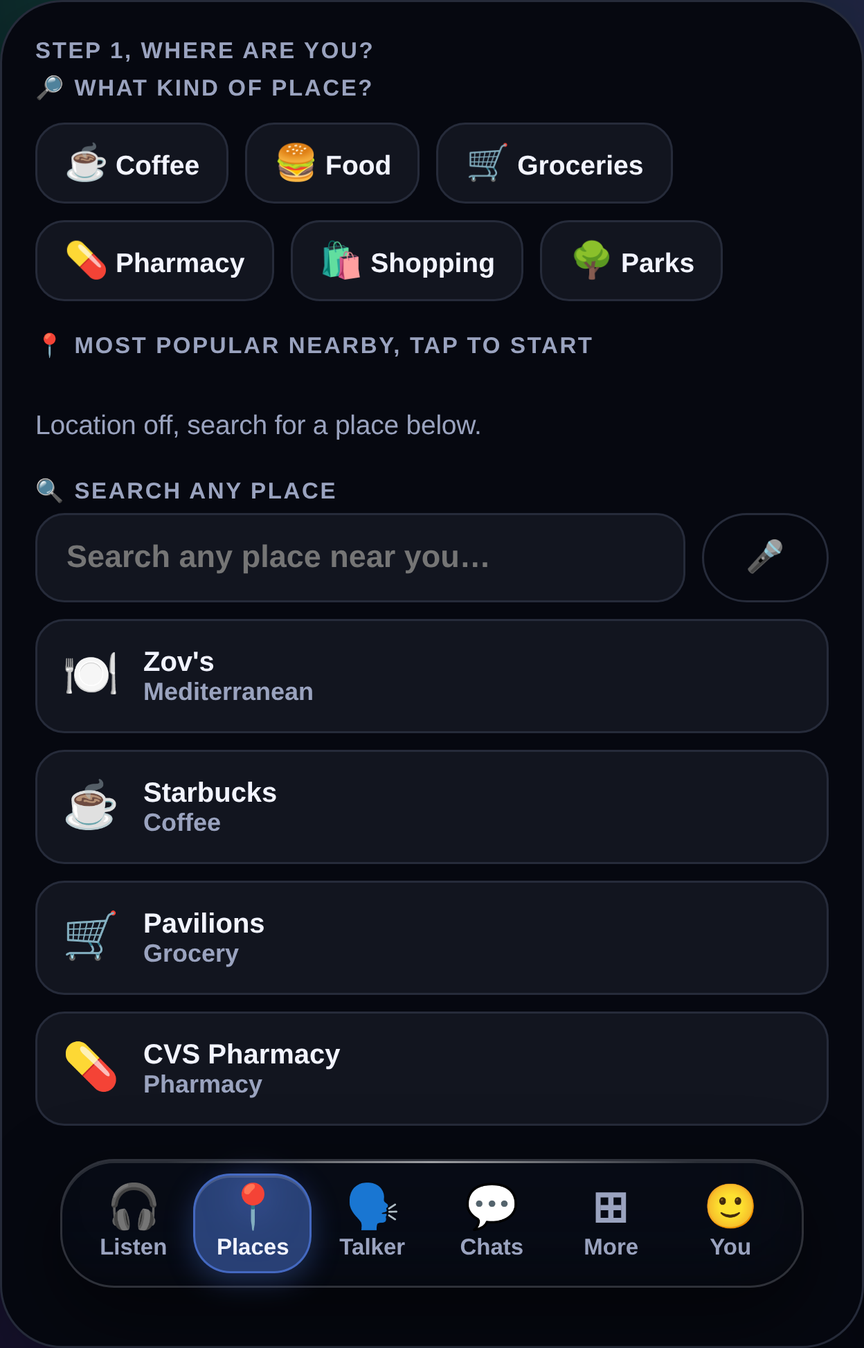 The MyTalker Places tab showing nearby place types and saved places to start from