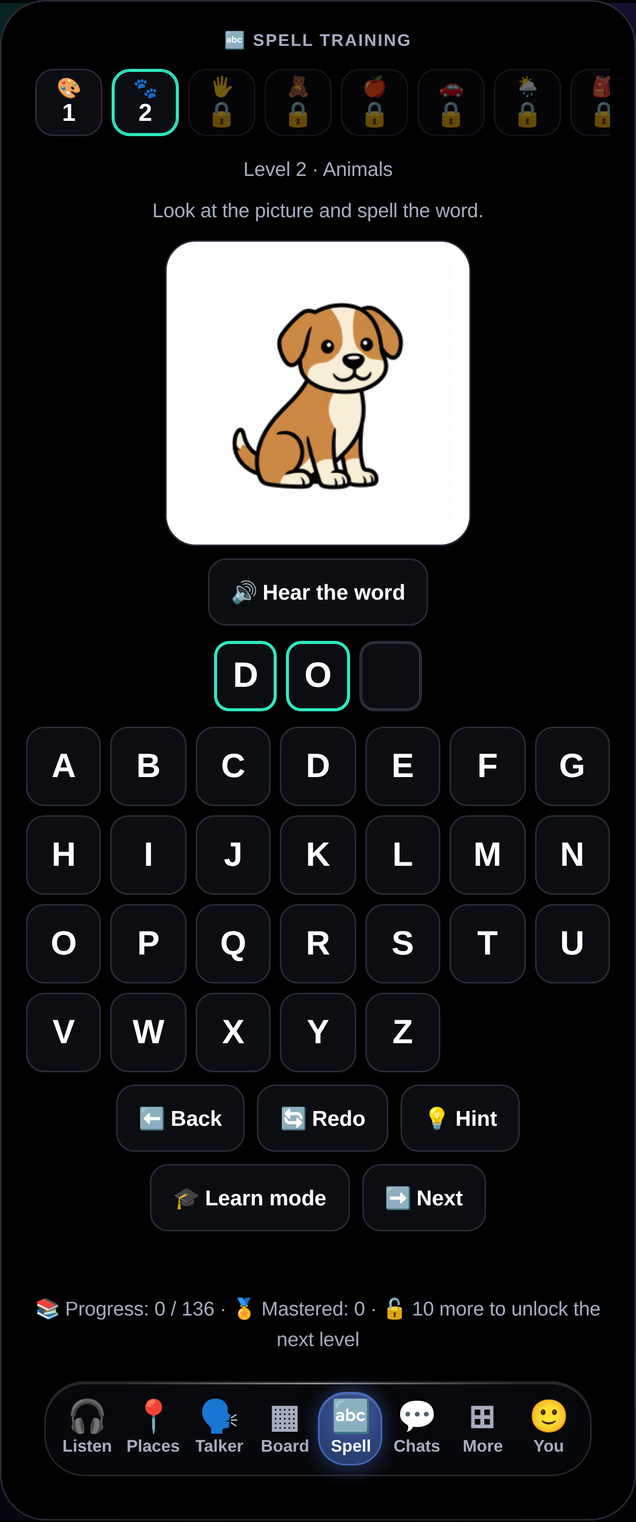The Spell Training game: themed level chips, a picture of a dog above letter slots, and a big A to Z keyboard