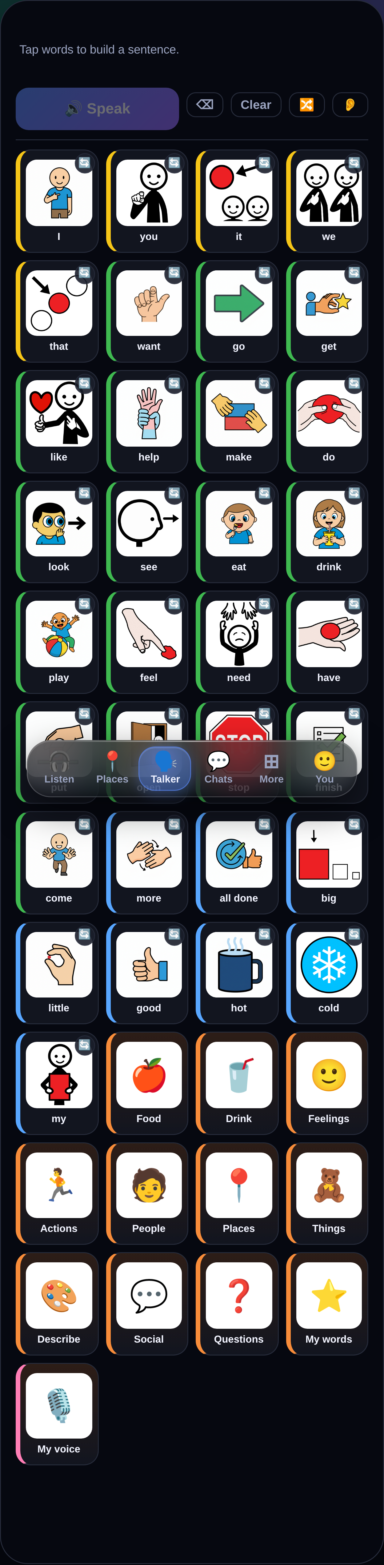 The MyTalker Talker board: a colorful core-vocabulary grid of word tiles with pictures and a sentence bar
