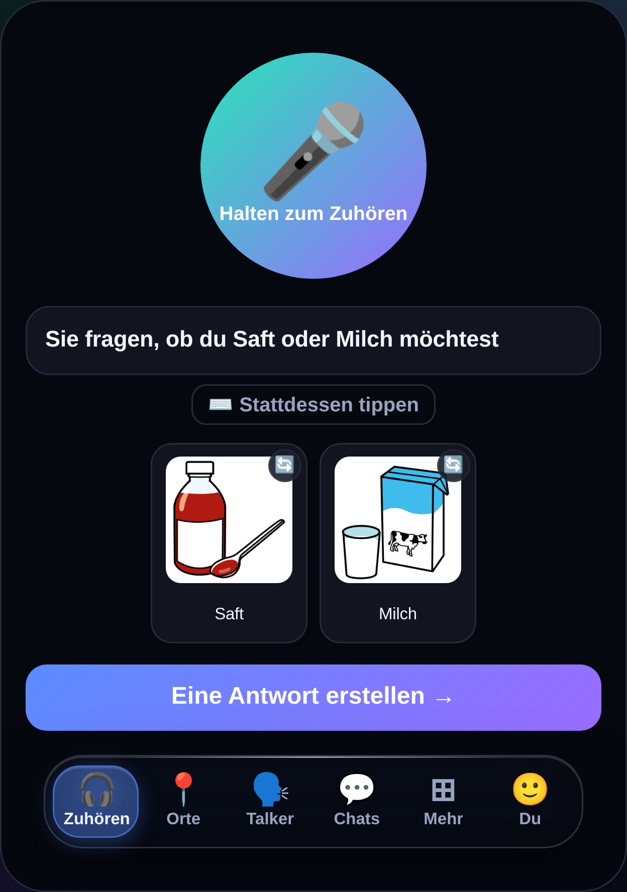 MyTalker Listen screen in German