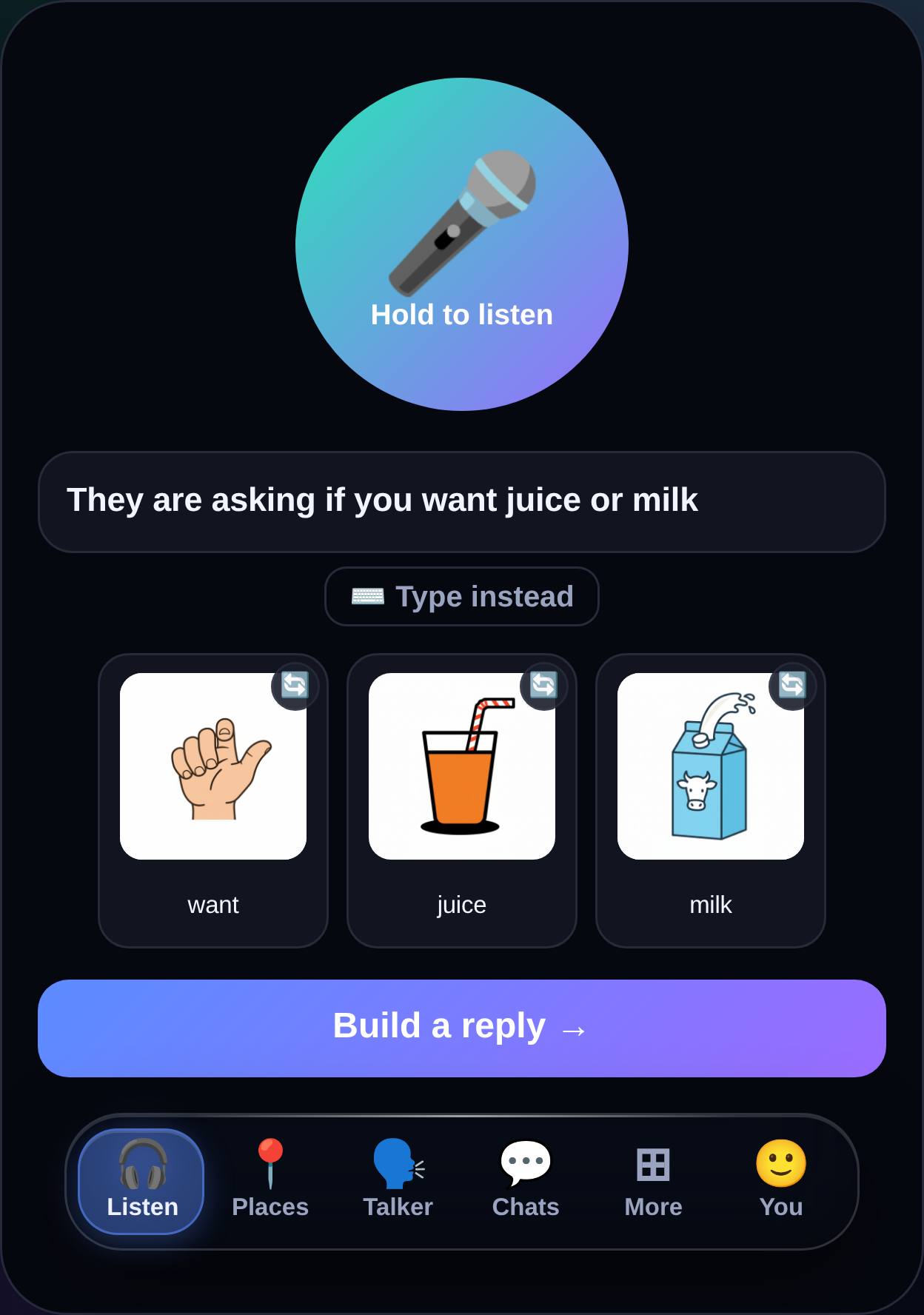 MyTalker Listen screen in English