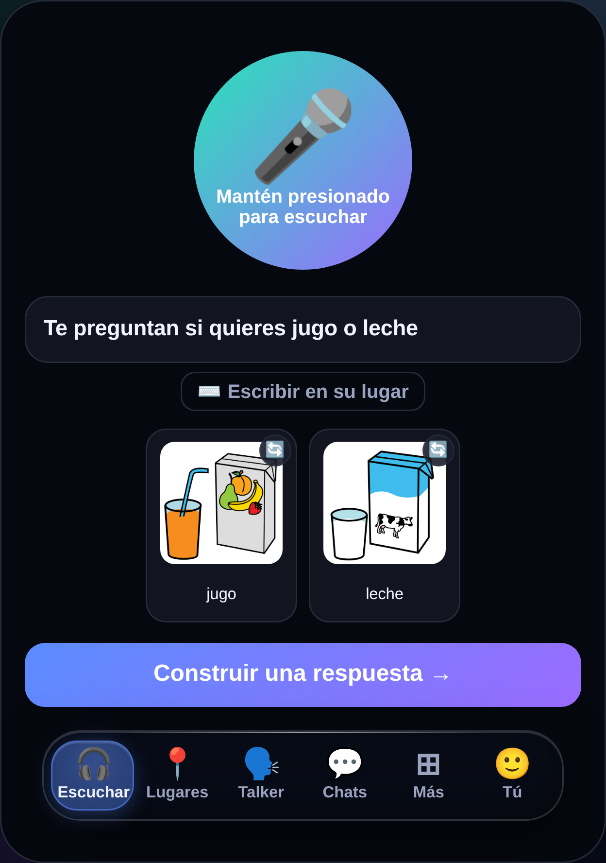 MyTalker Listen screen in Spanish