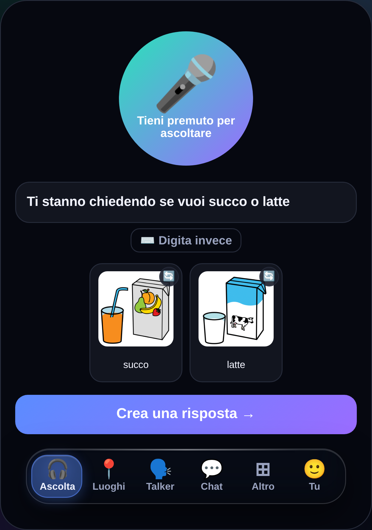 MyTalker Listen screen in Italian